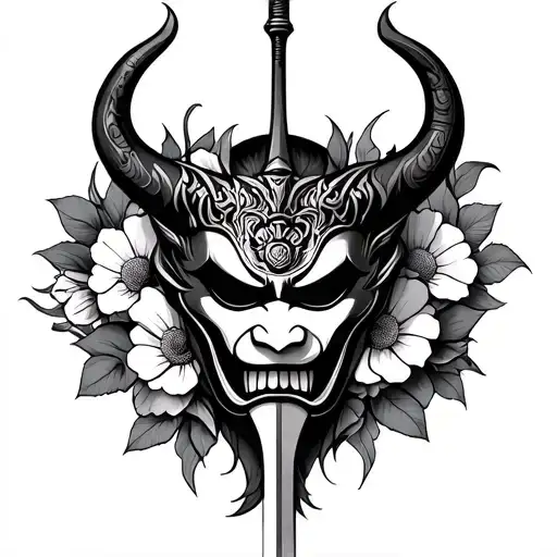 Oni Mask With Flowers And Sword Piercing