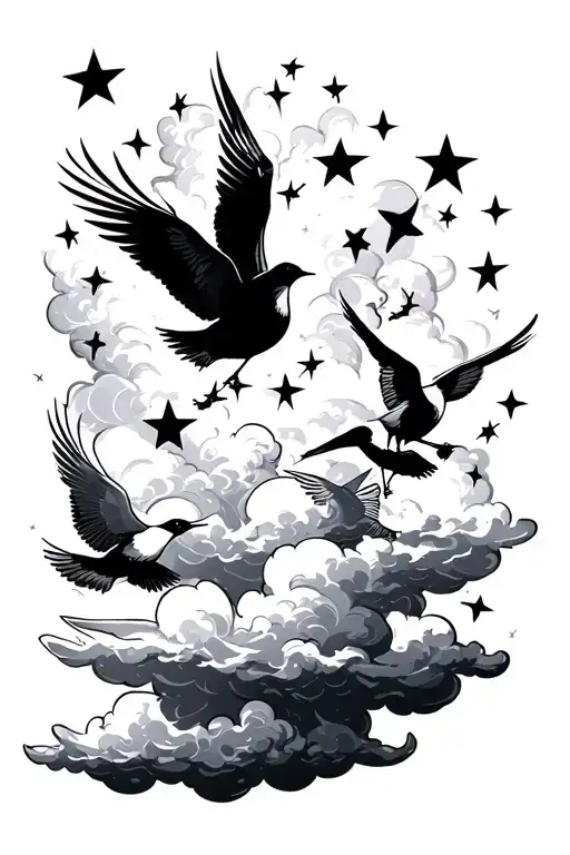 Clouds With Birds With Outlines Of Stars
