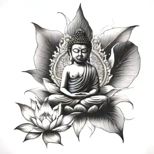 Buddha Temple And Lotus Flower