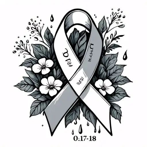 Rainy Cancer Ribbon With Date 01-17-18 And Tiny Flowers