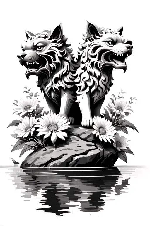 Two Foo Dogs On Rock And Water Background With Chrysanthemums