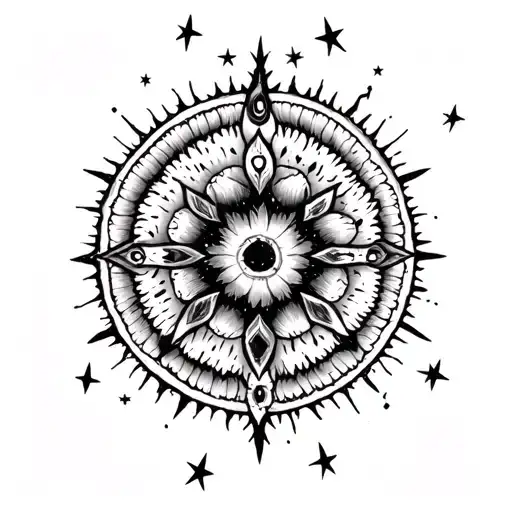 Small Black Stars Along Man's Spine At Chakra Points