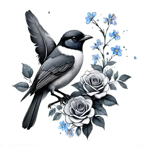 Bird And Roses Forget Me Not Flowers With A Feather Dropping