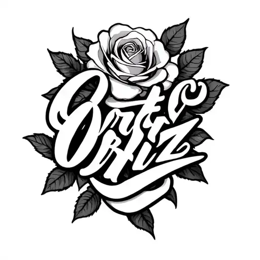 A Lettering Forearm Tattoo That Says Ortiz And A Rose Background
