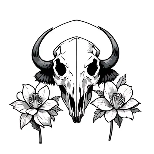 Bison Skull With Prairie Rose And Prairie Crocus At The Base