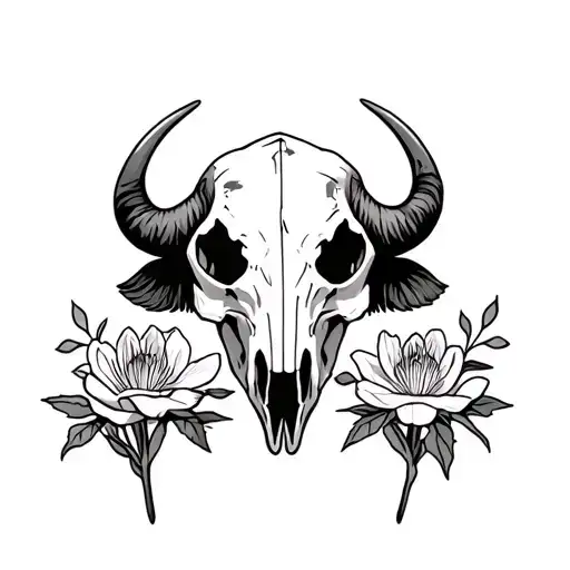 Bison Skull With Prairie Rose And Prairie Crocus At The Base