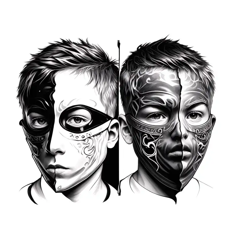 Boy Wearing A Mask Split In Half