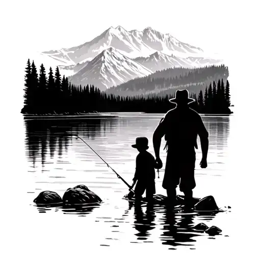 Shiloute Shadow Dad And Son Standing Fishing In A River Facing The Mountains Black And White Simple