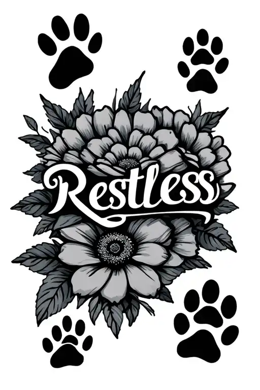 The Word Restless With Flowers Around And Three Paw Prints Around