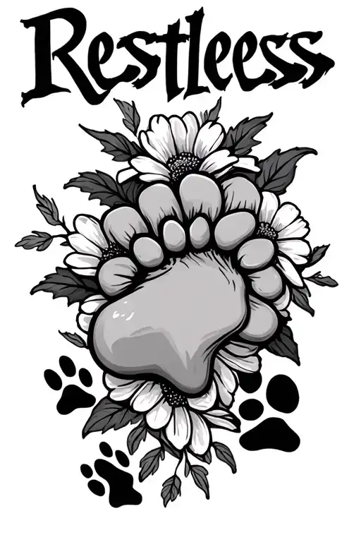 The Word Restless With Flowers Around And Three Paw Prints Around