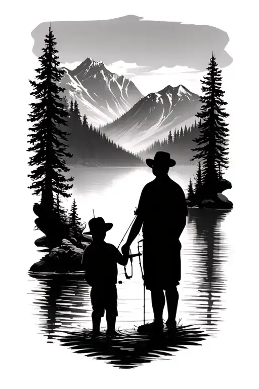 Shiloute Shadow Dad And Son Standing Fishing In A River Facing The Mountains Black And White Simple