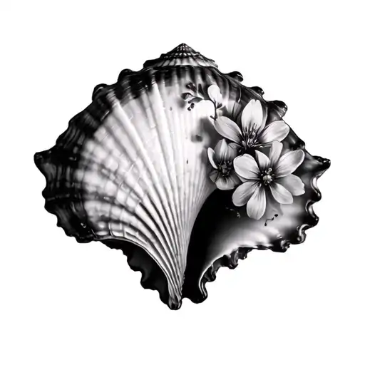 Minimalist Conch Shell With Flowers Double Exposure Rooster