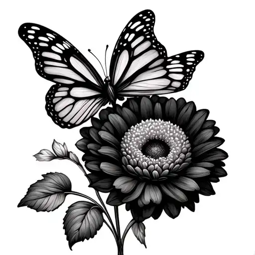 Fine Line Delicate Marigold With Butterfly On Top With Fairy Wings For Sternum