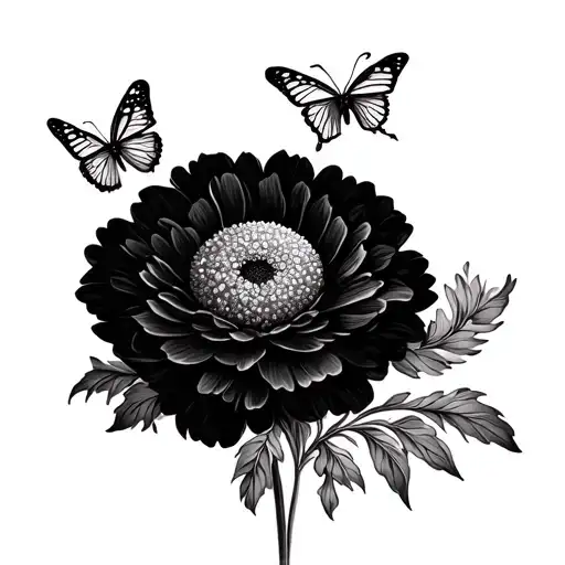 Fine Line Delicate Marigold With Butterfly On Top With Ornamental Design