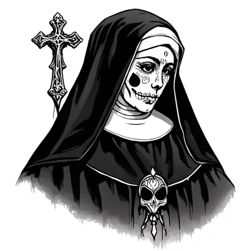 Tattoo Sketch Of A Beautiful Nun With A Cross And Small Features Of Santa Muerte