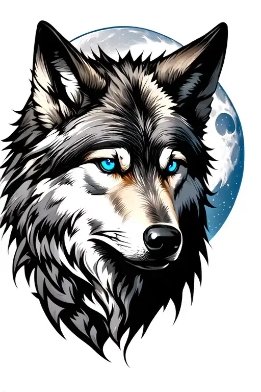 Wolf With Blue Eyes Viking And Background Moon
