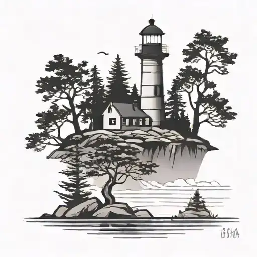 Black And Grey Light House Pine Tree Lake Silhouette