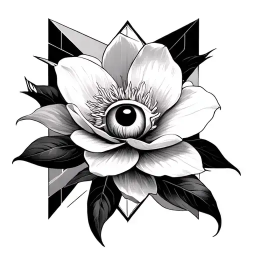 Magnolia Flower With A Geometric Pattern In The Background And An Evil Eye In Front