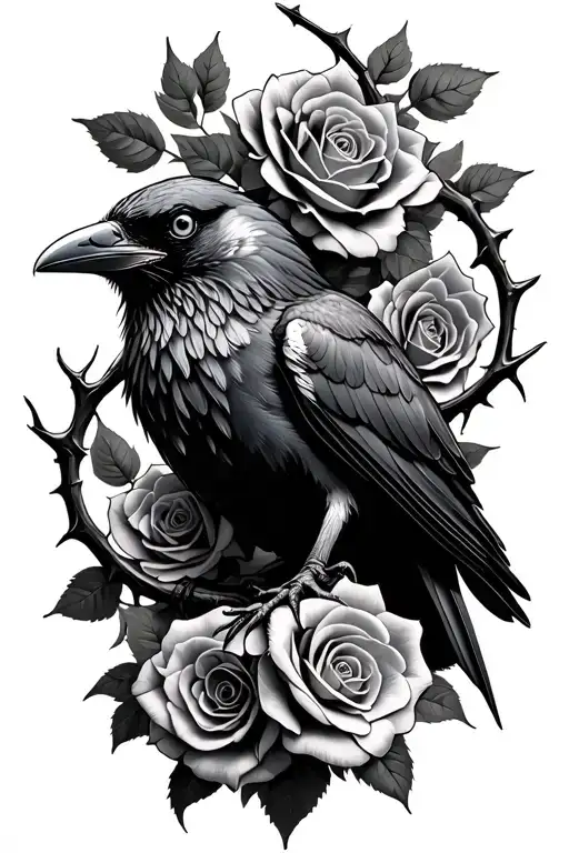 Black And Grey Tattoo Of A Raven In Roses And Thorns