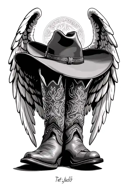 Cowboy Boots And Cowboy Hat On Top With Angel Wings
