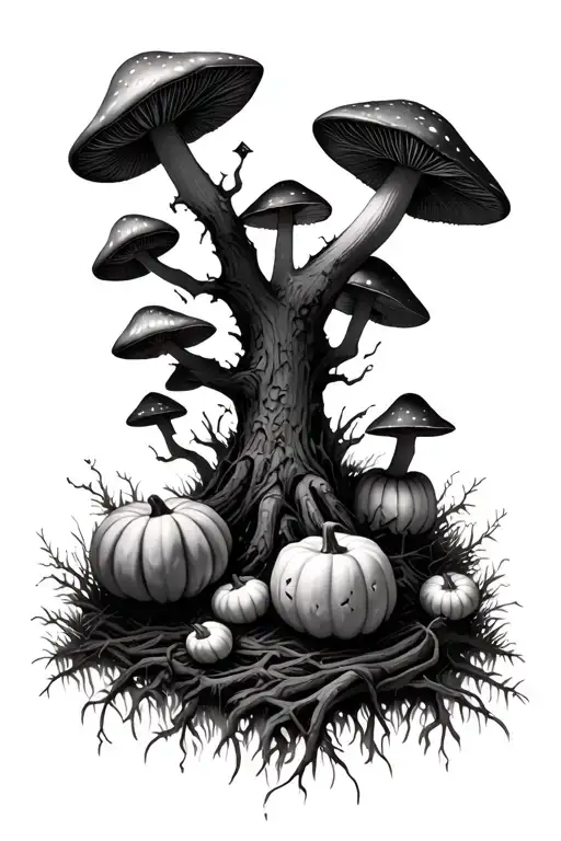 A Grim Realistic Forest Full Of Mushrooms And Pumpkins