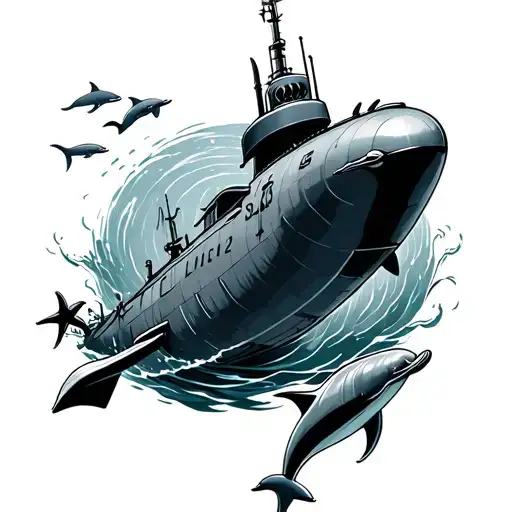 Navy Submarine With Dolphins Swimming Around