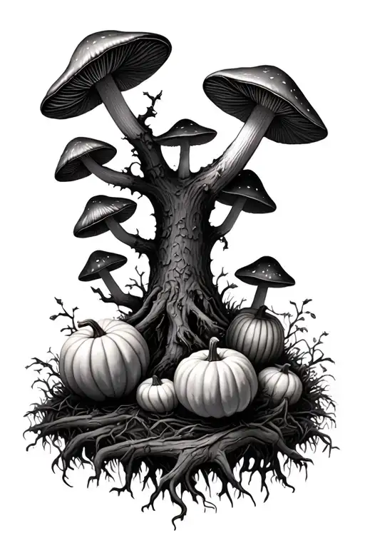 A Grim Realistic Forest Full Of Mushrooms And Pumpkins