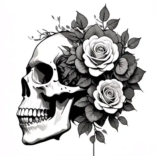 Skull With Roses Growing Inside Head'