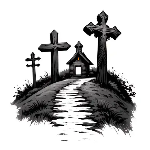3 Crosses On Hill With A Path Leading