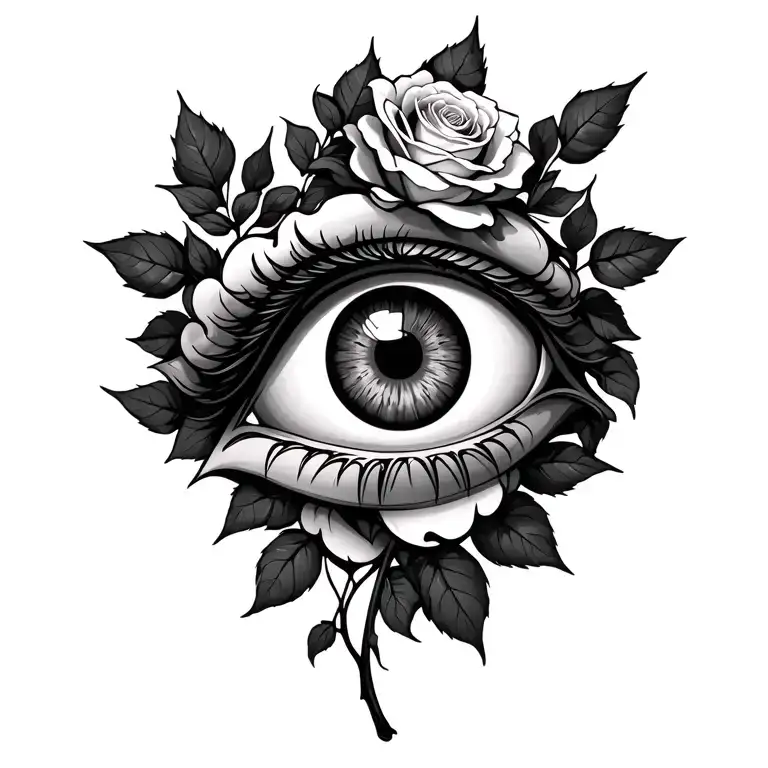 Greek Evil Eye & Entwined Rose Leaves Growing Amidst