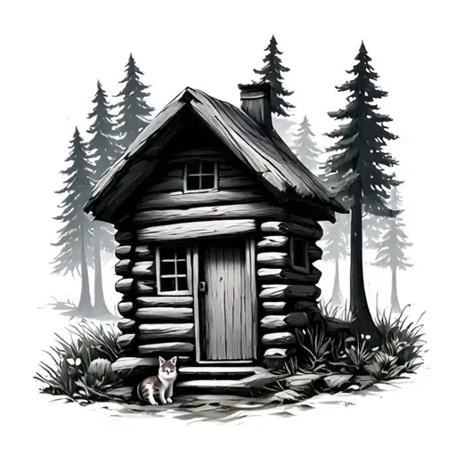 Small Cabin Wood In A Forest With Small Cat