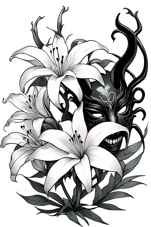 Spider Lily Flower And Oni Mask Surrounded