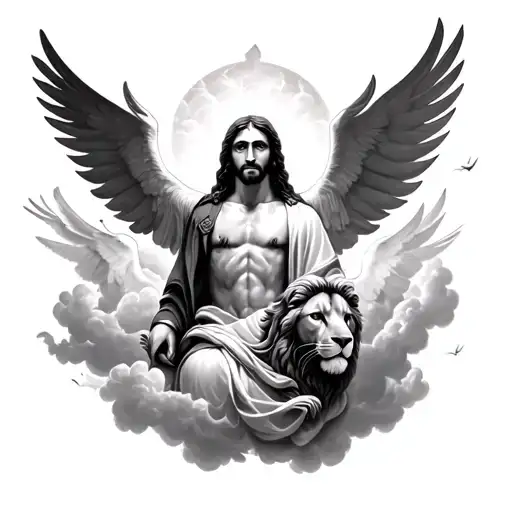 Front Shoulder Tattoo Jesus Christian Clouds Lion Dove Heaven