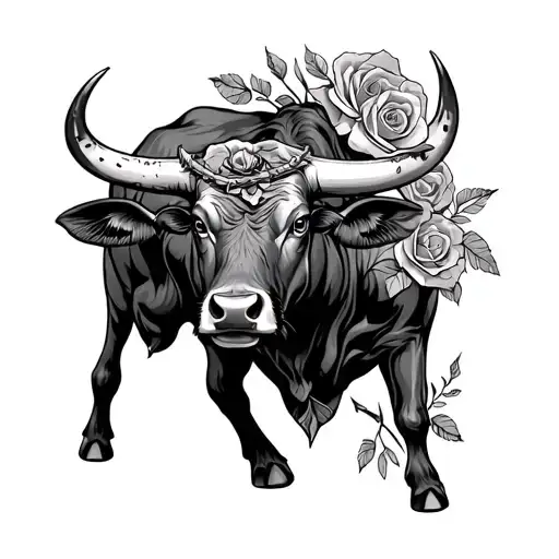 Bull With Barbed Wire And Roses Aroud It