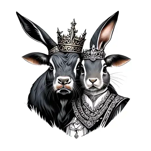 Create A Picture Of Tattoo With Bull And A King Rabbit And A Queen Rabbit Wearing Mongolian Deel