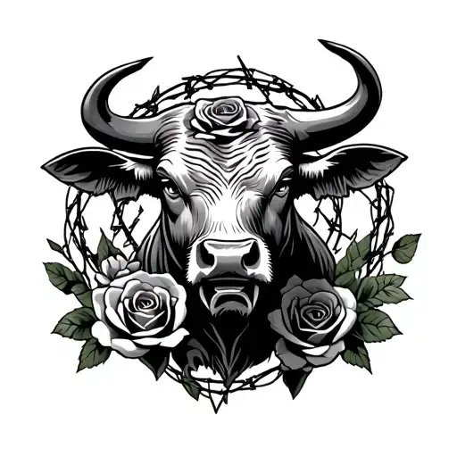Bull With Barbed Wire And Roses Around It