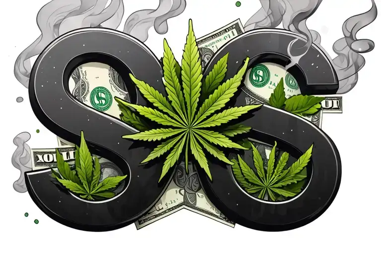 Dollar Bills Shaping Into Dollar Signs With Weed Leaves And Smoke