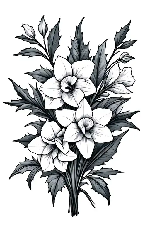 Iris Daffodils And Holly Bouquet Fine Line