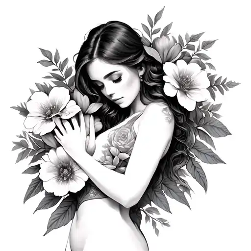 Woman Hugging Herself With Flowers