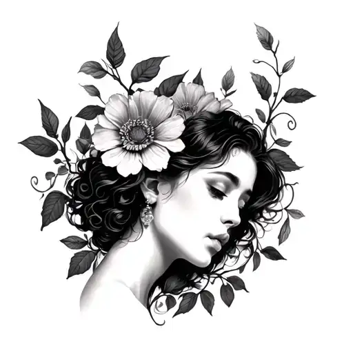 Woman Hugging Herself With Vine Of Flowers Only Face