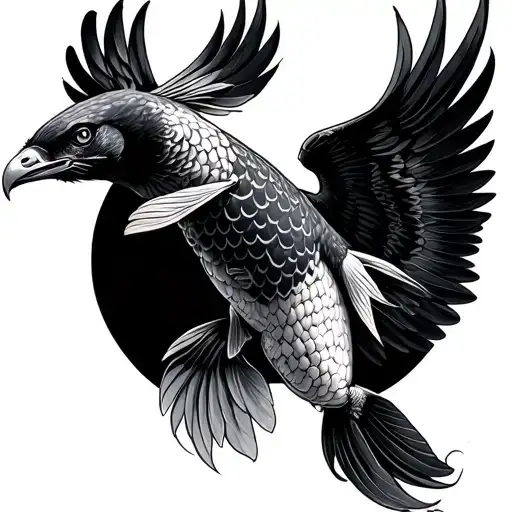 Japan Carp With Falcon Spreading Wings