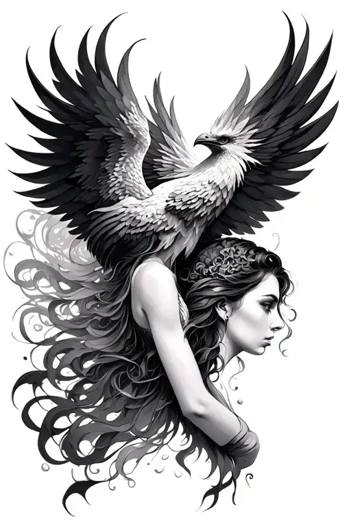 Phoenix And Woman Merging Seamlessly