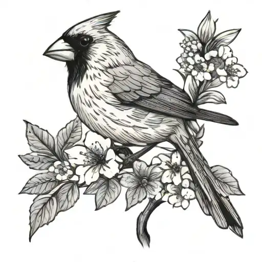 Cardinal And Flowers