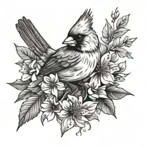 Cardinal And Flowers