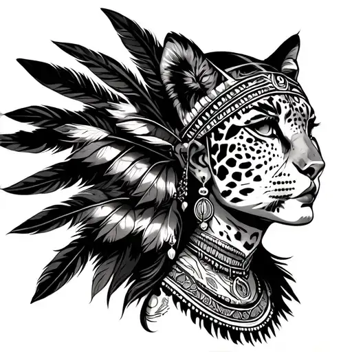Amazon With Leopard Headdress And Feather Jewelry And An Inca Ruin