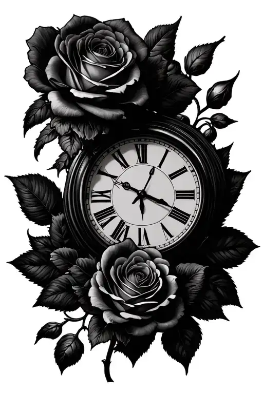 Clock And Roses Blooming
