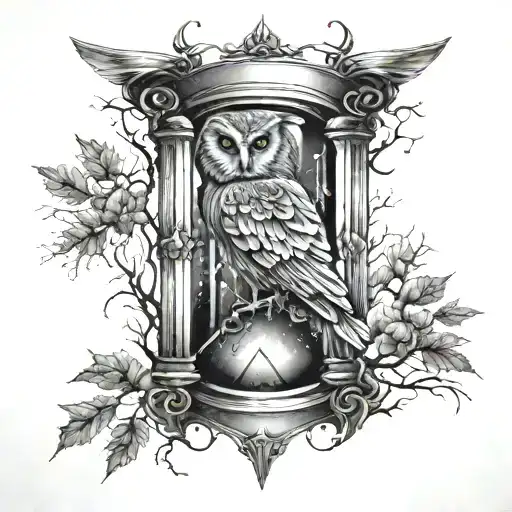 An Hourglass With An Owl And A Forest Or Lightning On It