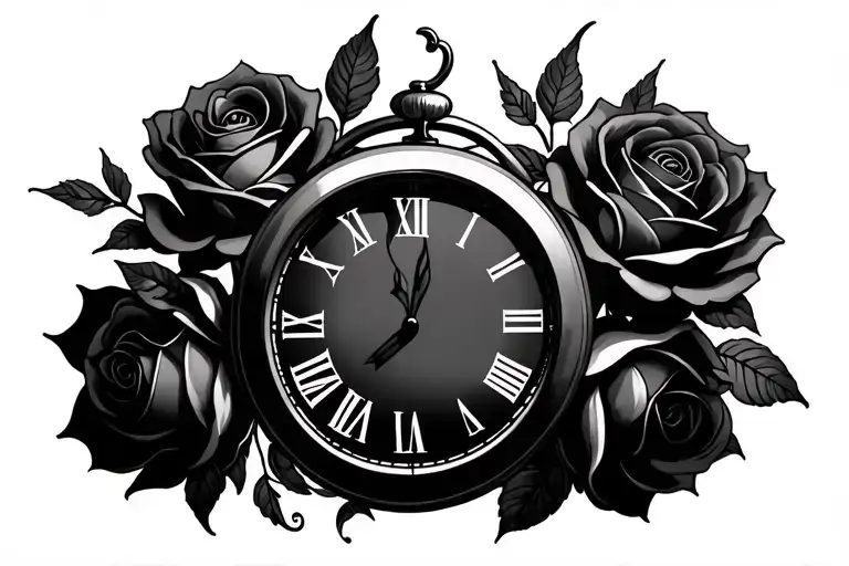 Clock And Roses Blooming