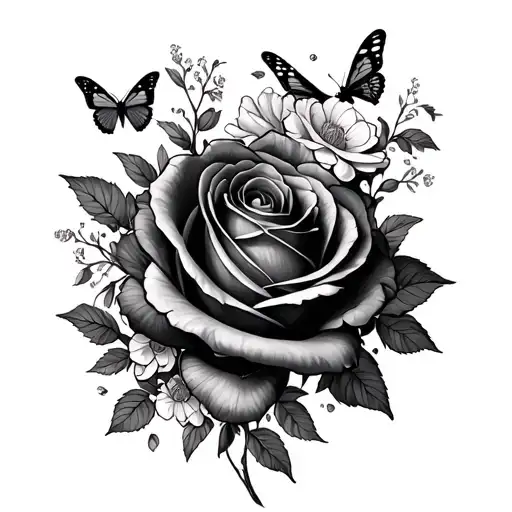 Rose And Honeysuckle Surrounded By Butterflies