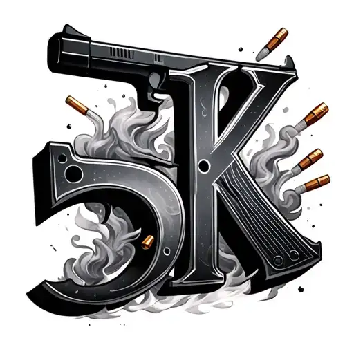 The Number 5 And K With Smoke Coming Out With Bullet Holes With A Gun Next To It